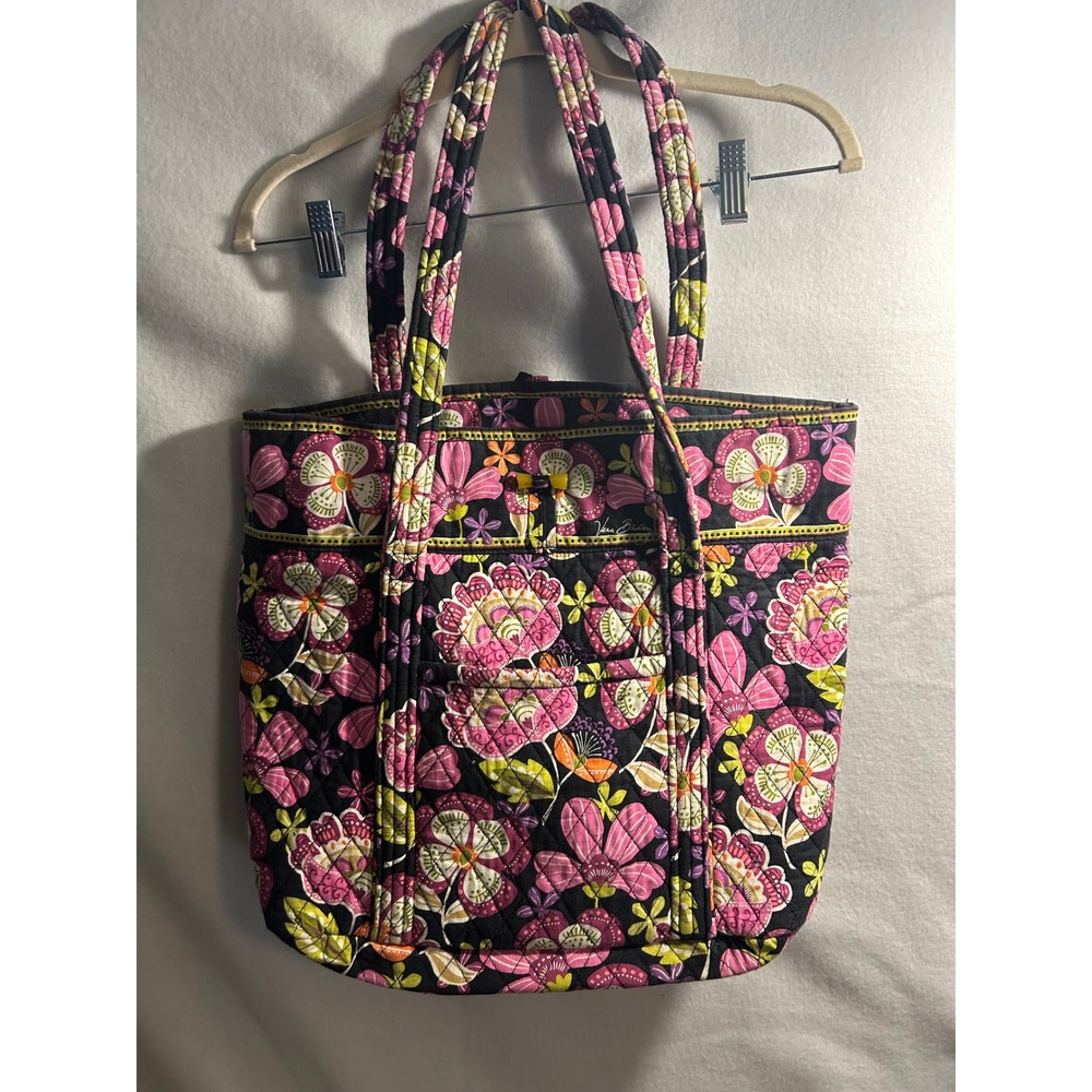 Vera Bradley Plum Crazy Quilted Floral Tote Bag Pink Purple Black Shoulder Bag